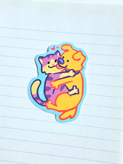 Cat & Dog Hug Vinyl Sticker